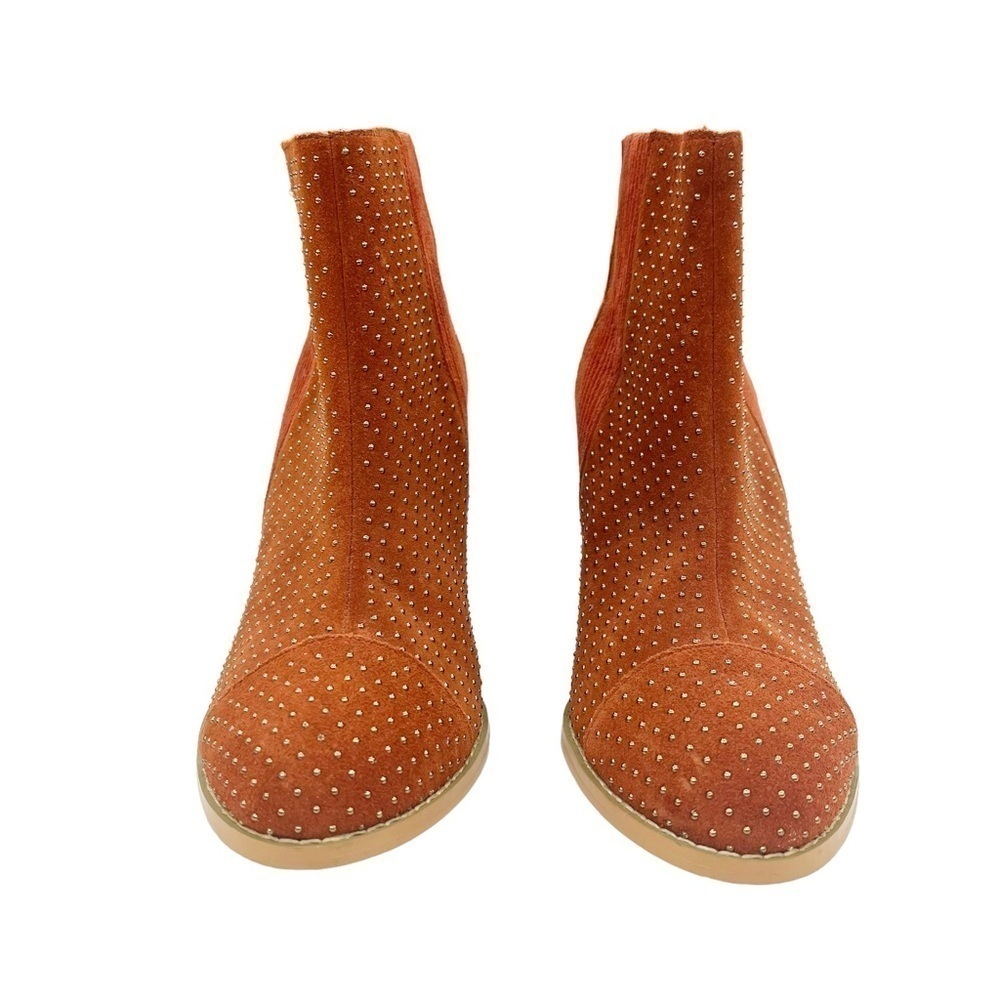 Anthropologie Faux Suede Gold Studded Stack Heel Pull On Boots Rust Orange 6.5 - Picture 6 of 11